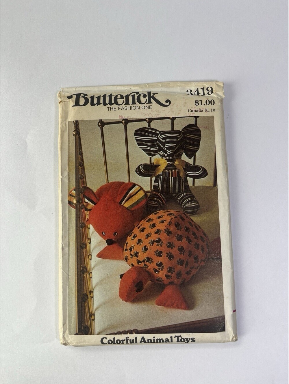 Butterick Sewing Pattern 3419 Colorful Animal Toys Elephant Turtle 1970s Vintage